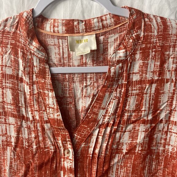 59-7 ANTHROPOLOGIE MAEVE orange tan pleated rayon long button up sleeve top 4 - Picture 2 of 8